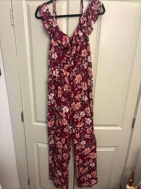 Xhilaration Maroon Floral Ruffle Strap Jumpsuit
